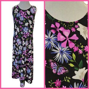 Y2K Womens Large Sleeveless Dark Floral Butterfly Maxi Dress Slinky Jersey Black